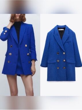 Zara Cobalt Blue Double-Breasted Bouclé Blazer